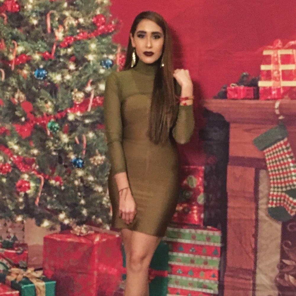 Olive Green Bandage Dress Mesh Top Long Sleeve